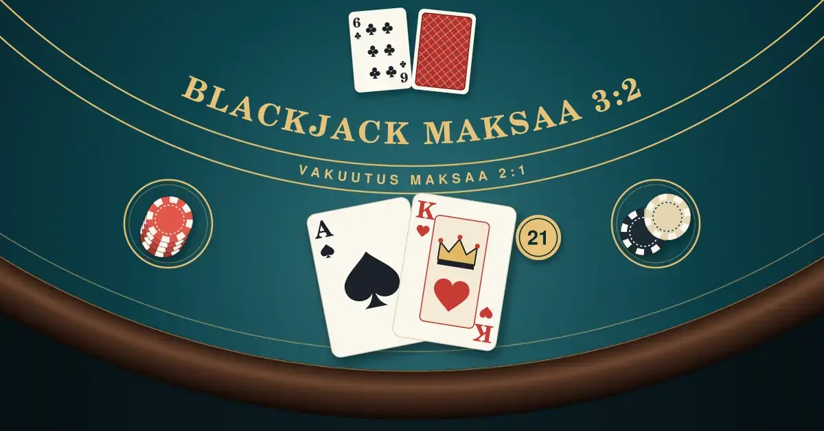 Vektorityylinen kuva blackjack-pöydästä ylhäältä päin: pelaajalla on pataässä ja herttakuningas eli 21, jakajalla ristikuutonen ja kuvapuoli alaspäin oleva kortti, ja pöytään on painettu tekstit ”Blackjack maksaa 3:2” ja ”Vakuutus maksaa 2:1”.
