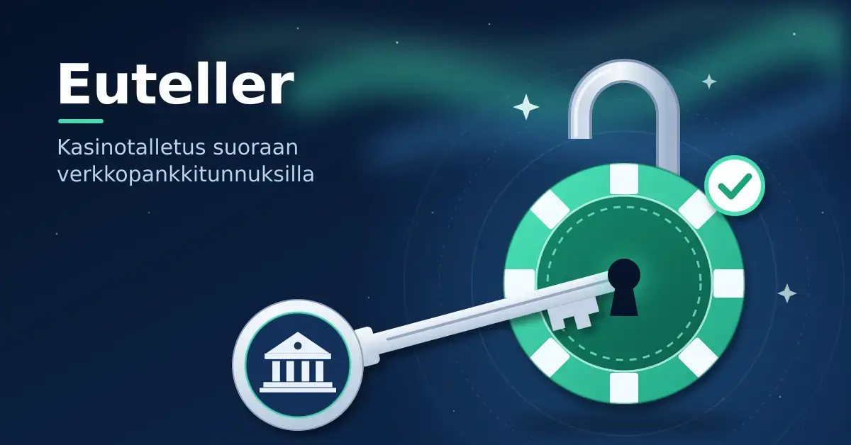 Kuvituksessa avaimen kädensijassa on pankkirakennuksen symboli, ja avain on työnnetty kasinopelimerkiksi muotoillun avoimen riippulukon avaimenreikään, jonka vieressä on vihreä hyväksyntämerkki ja yläpuolella revontulet sekä teksti "Euteller – Kasinotalletus suoraan verkkopankkitunnuksilla".