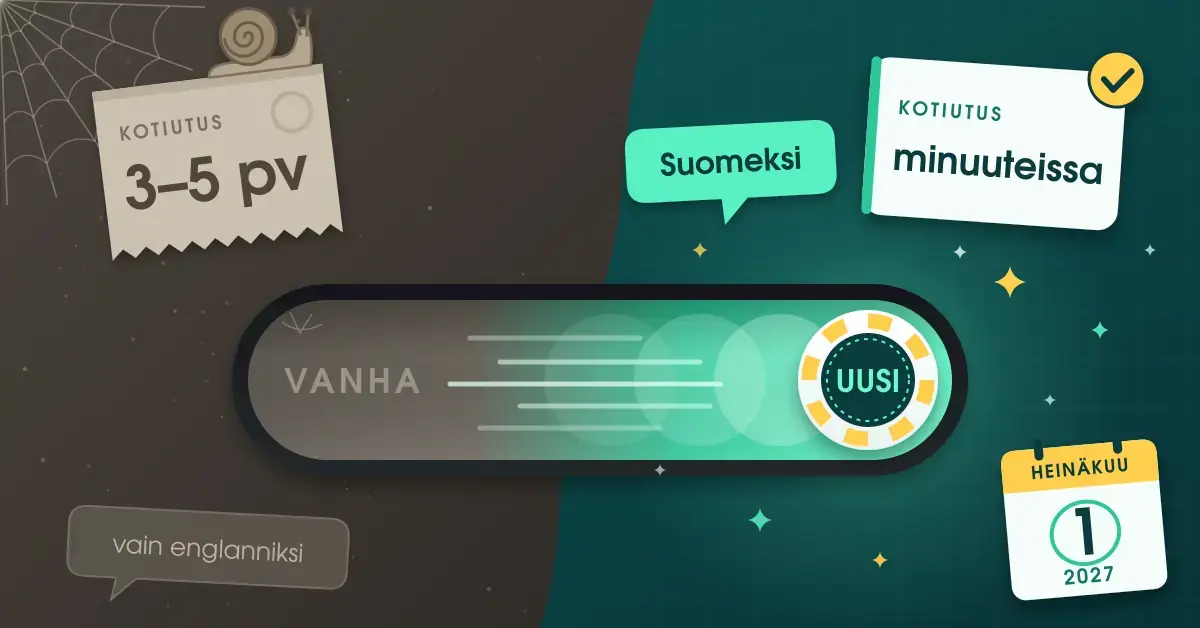 Kuvituksessa suuren vaihtokytkimen pelimerkkinuppi liukuu pölyiseltä ”VANHA”-puolelta, jossa etanan hidastama kuitti lupaa kotiutuksen 3–5 päivässä, raikkaalle ”UUSI”-puolelle, jossa odottavat kotiutus minuuteissa, suomenkielinen palvelu ja lisenssiuudistuksen päivämäärä 1. heinäkuuta 2027.