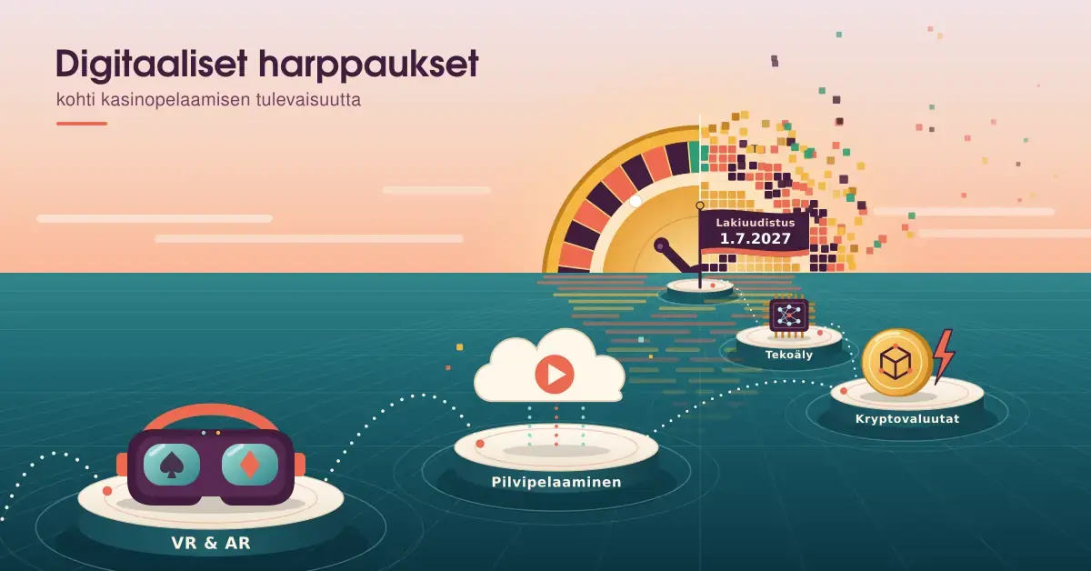 Kuvituksessa VR-lasit, pilvi, kryptokolikko ja tekoälysiru seisovat askelkivillä, joita pitkin hypätään kohti horisontista nousevaa ruletti-aurinkoa, jonka oikea puoli hajoaa pikseleiksi ja jonka edessä liehuu ”Lakiuudistus 1.7.2027” -lippu.