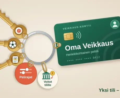 Avainrenkaassa roikkuvat vihreä Oma Veikkaus -pelaajakortti, lottopalloavain, jalkapalloavain ja arpa-avain sekä Pelirajat- ja Voitot tilille -riipukset, ja kulmassa lukee ”Yksi tili – kaikki pelit”.