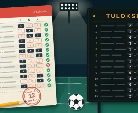 Kuvituksessa Vakio-kupongin 13 kohteen 1-, X- ja 2-merkintöjä verrataan iltavalaistun stadionin tulostaulun lopputuloksiin, ja vihreät tarkistusmerkit sekä punainen leima kertovat, että kupongissa on 12 oikein.